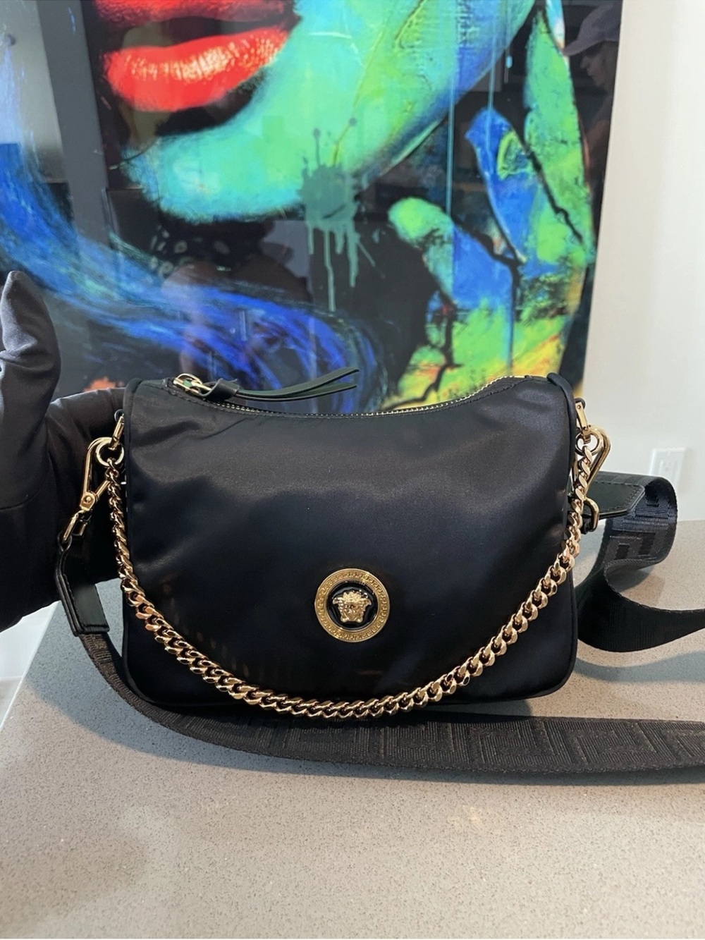 Versace Hobo Bag Black Shoulder Bag with Gold Chain